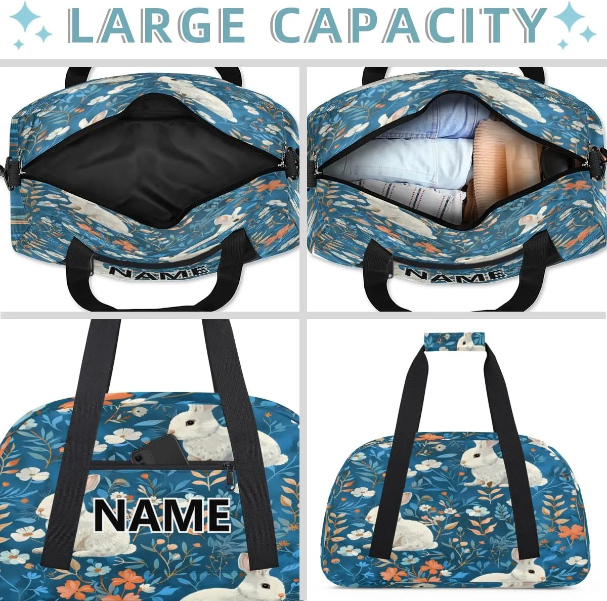 Rabbit Mini Gym Bag 18 inch for Women Men Waterproof Custom Blue Flowers Travel Duffel Bag Carry On Overnight Tote Nurse Bag for Work Fitness Hiking