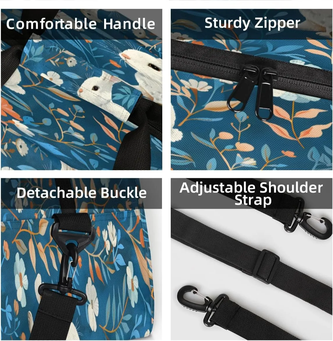 Rabbit Mini Gym Bag 18 inch for Women Men Waterproof Custom Blue Flowers Travel Duffel Bag Carry On Overnight Tote Nurse Bag for Work Fitness Hiking