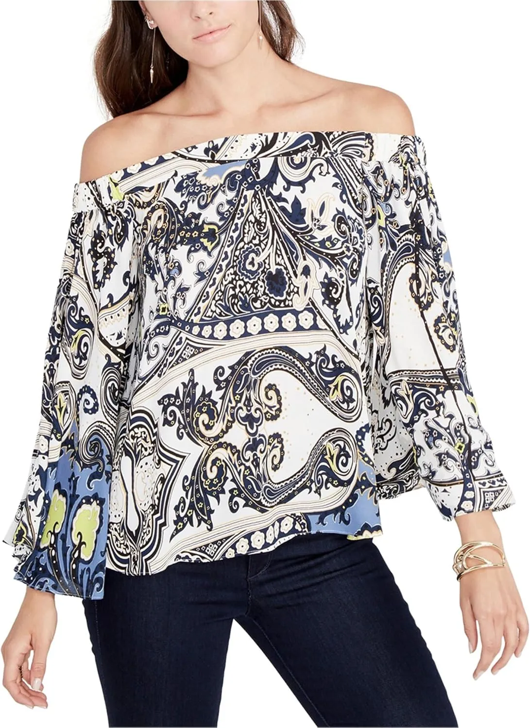 RACHEL Rachel Roy Womens Printed Off-The-Shoulder Pullover Top White M