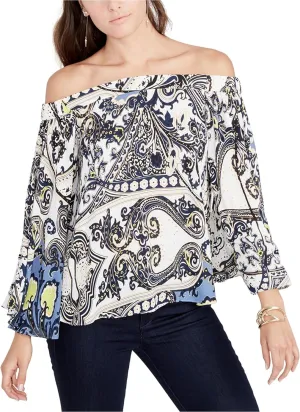RACHEL Rachel Roy Womens Printed Off-The-Shoulder Pullover Top White M