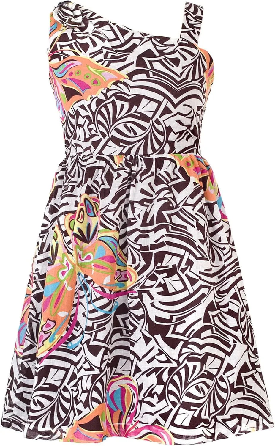 Rare Editions Tween Girls Brown/Multi Geometric Butterfly One Shoulder Dress