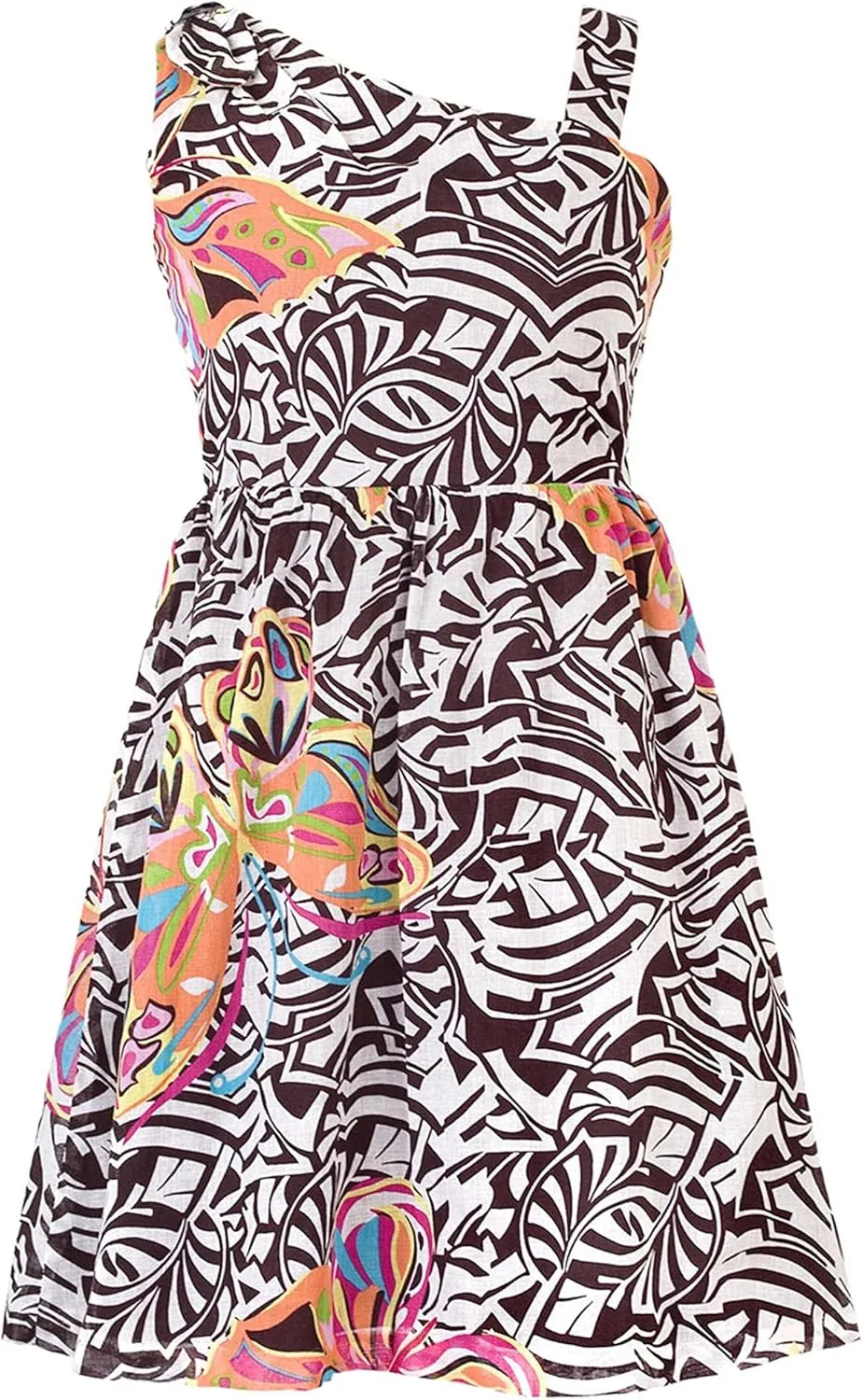 Rare Editions Tween Girls Brown/Multi Geometric Butterfly One Shoulder Dress