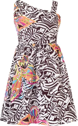 Rare Editions Tween Girls Brown/Multi Geometric Butterfly One Shoulder Dress