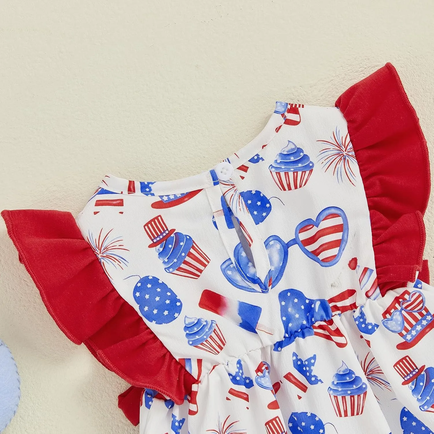 Red Baby Girls Rompers 4th of July Clothes Ice Cream Cake Print Fly Sleeve Summer Bodysuits Jumpsuits