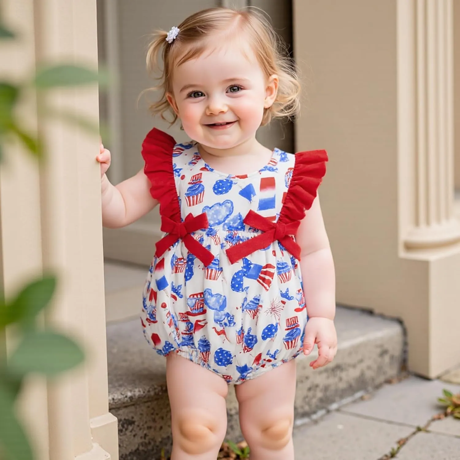 Red Baby Girls Rompers 4th of July Clothes Ice Cream Cake Print Fly Sleeve Summer Bodysuits Jumpsuits