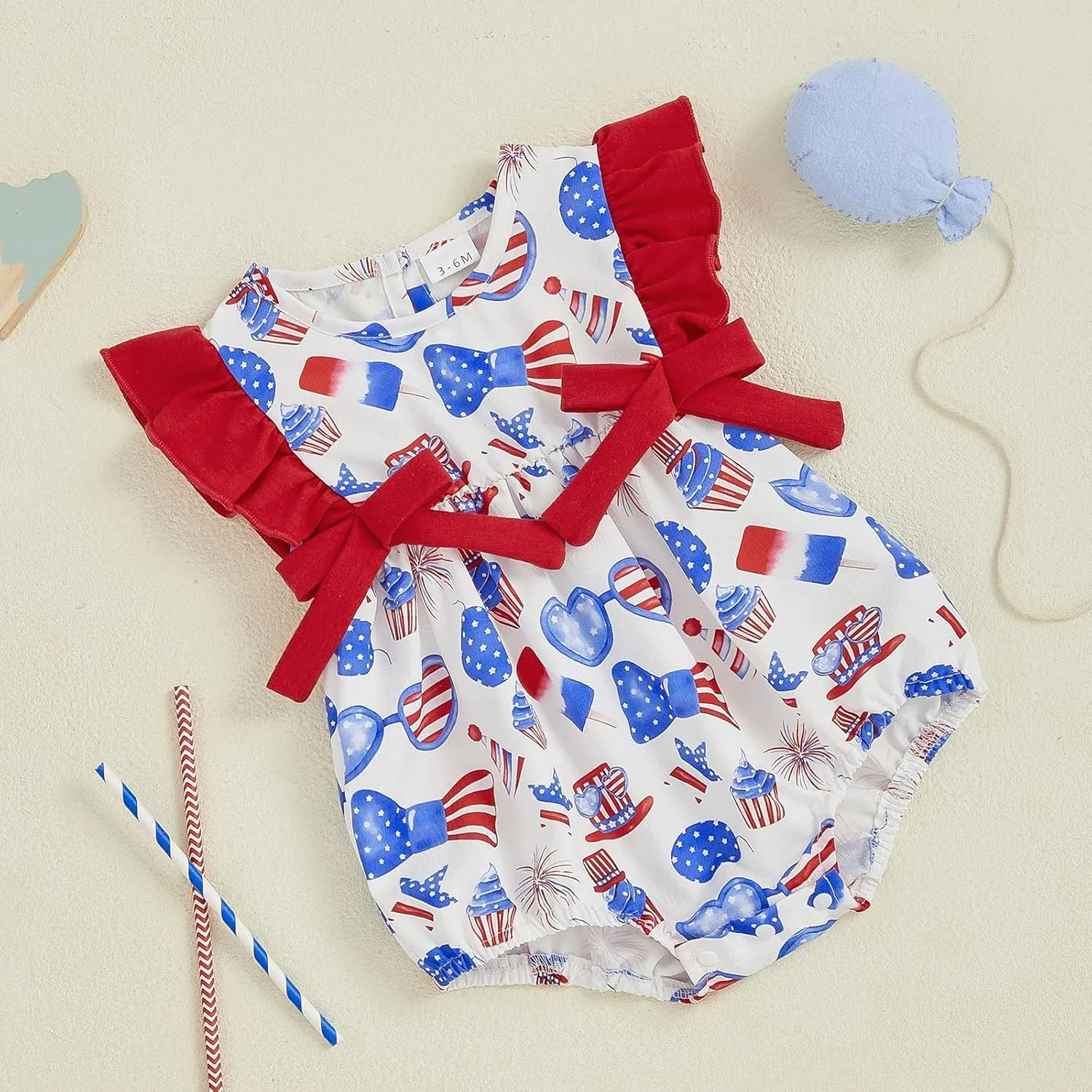 Red Baby Girls Rompers 4th of July Clothes Ice Cream Cake Print Fly Sleeve Summer Bodysuits Jumpsuits