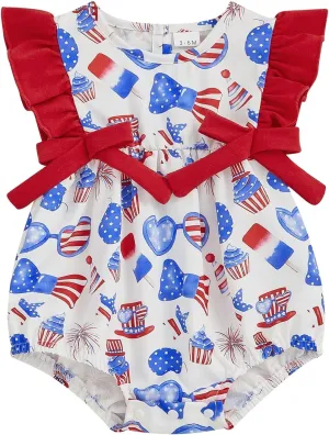 Red Baby Girls Rompers 4th of July Clothes Ice Cream Cake Print Fly Sleeve Summer Bodysuits Jumpsuits