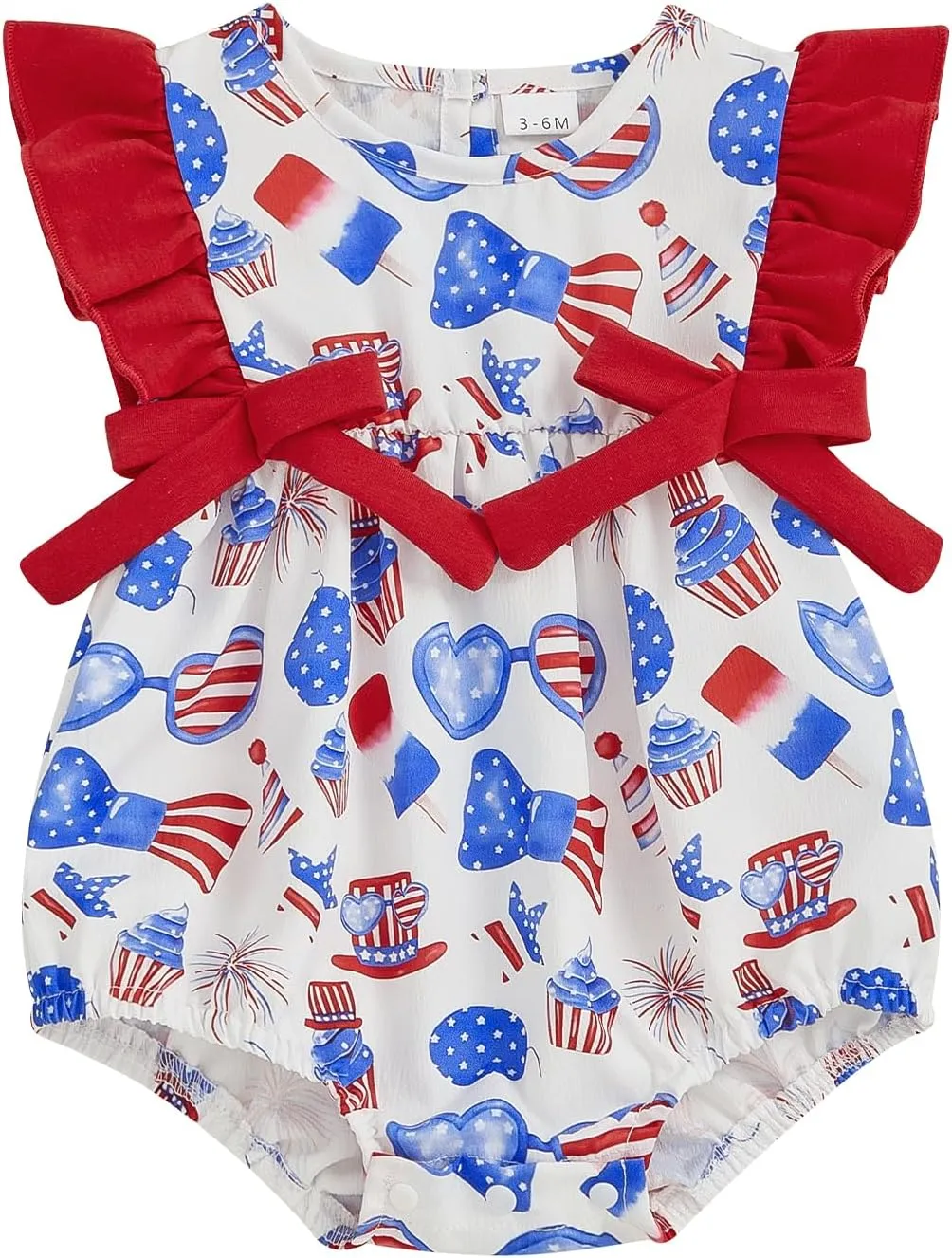 Red Baby Girls Rompers 4th of July Clothes Ice Cream Cake Print Fly Sleeve Summer Bodysuits Jumpsuits