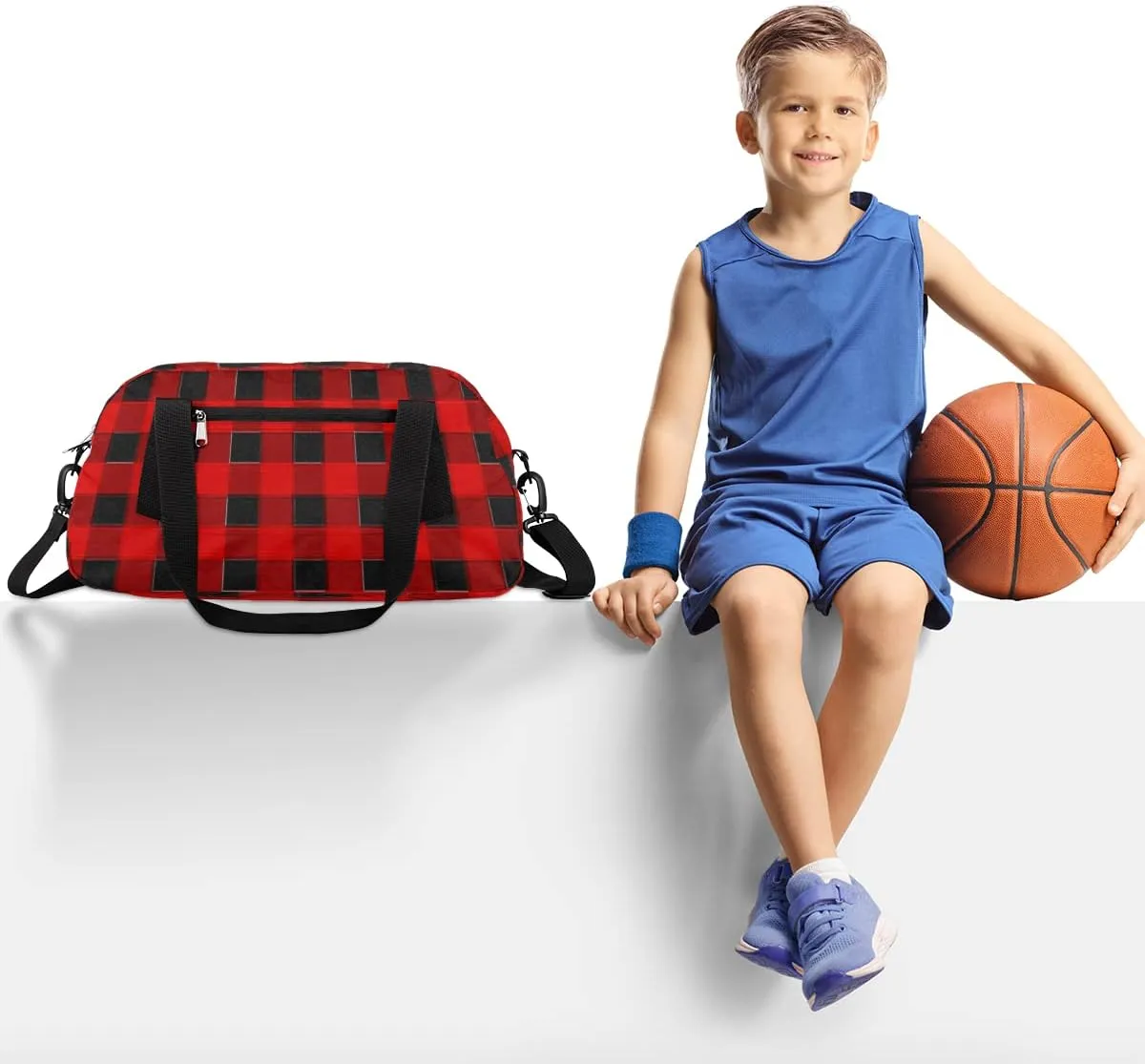 Red Lumberjack Plaid Check Kids Duffel Bag for Girls Boys, Buffalo Plaid Pixel Wind Dance Bag Overnight Small Duffel Bag Carry On Weekend Sports Gym Travel Bag for School Practice Gymnastics Ballet