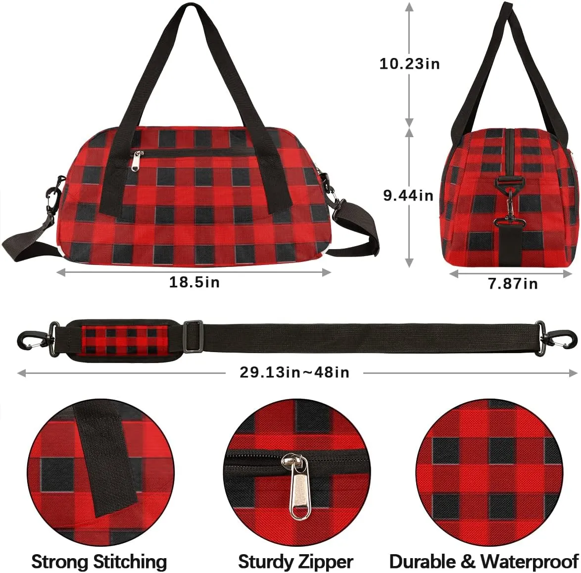 Red Lumberjack Plaid Check Kids Duffel Bag for Girls Boys, Buffalo Plaid Pixel Wind Dance Bag Overnight Small Duffel Bag Carry On Weekend Sports Gym Travel Bag for School Practice Gymnastics Ballet