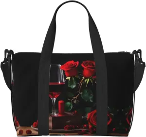 Red Rose and Wine Romantic Lovers Decor print Travel Duffle Bag,Weekender Bags,Gym Duffel Bag,Luggage Duffle Overnight for Women Men