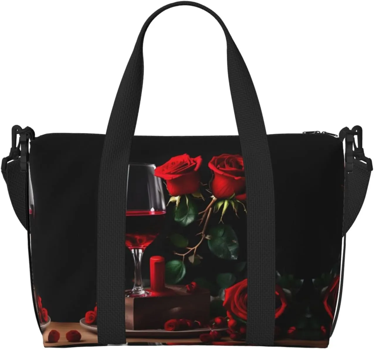 Red Rose and Wine Romantic Lovers Decor print Travel Duffle Bag,Weekender Bags,Gym Duffel Bag,Luggage Duffle Overnight for Women Men