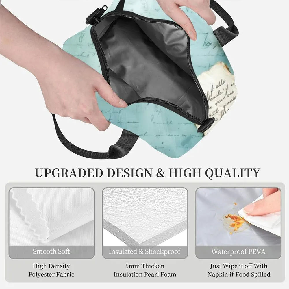 Red rose lies next to handwritten note blue cursive script Insulated Adult Lunch Bag with Shoulder Strap for Women Lightweight Reusable Portable Freezable Lunch Tote Bag for Work Picnic