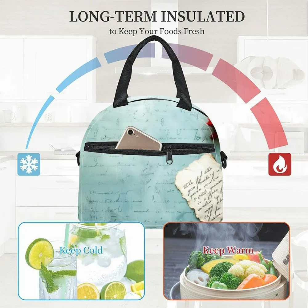 Red rose lies next to handwritten note blue cursive script Insulated Adult Lunch Bag with Shoulder Strap for Women Lightweight Reusable Portable Freezable Lunch Tote Bag for Work Picnic