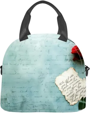 Red rose lies next to handwritten note blue cursive script Insulated Adult Lunch Bag with Shoulder Strap for Women Lightweight Reusable Portable Freezable Lunch Tote Bag for Work Picnic