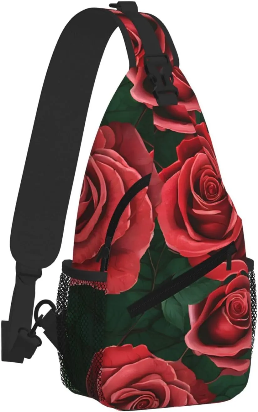 Red Rose Print Cross Chest Bag Diagonally For Short-Distance Travel And Daily Use