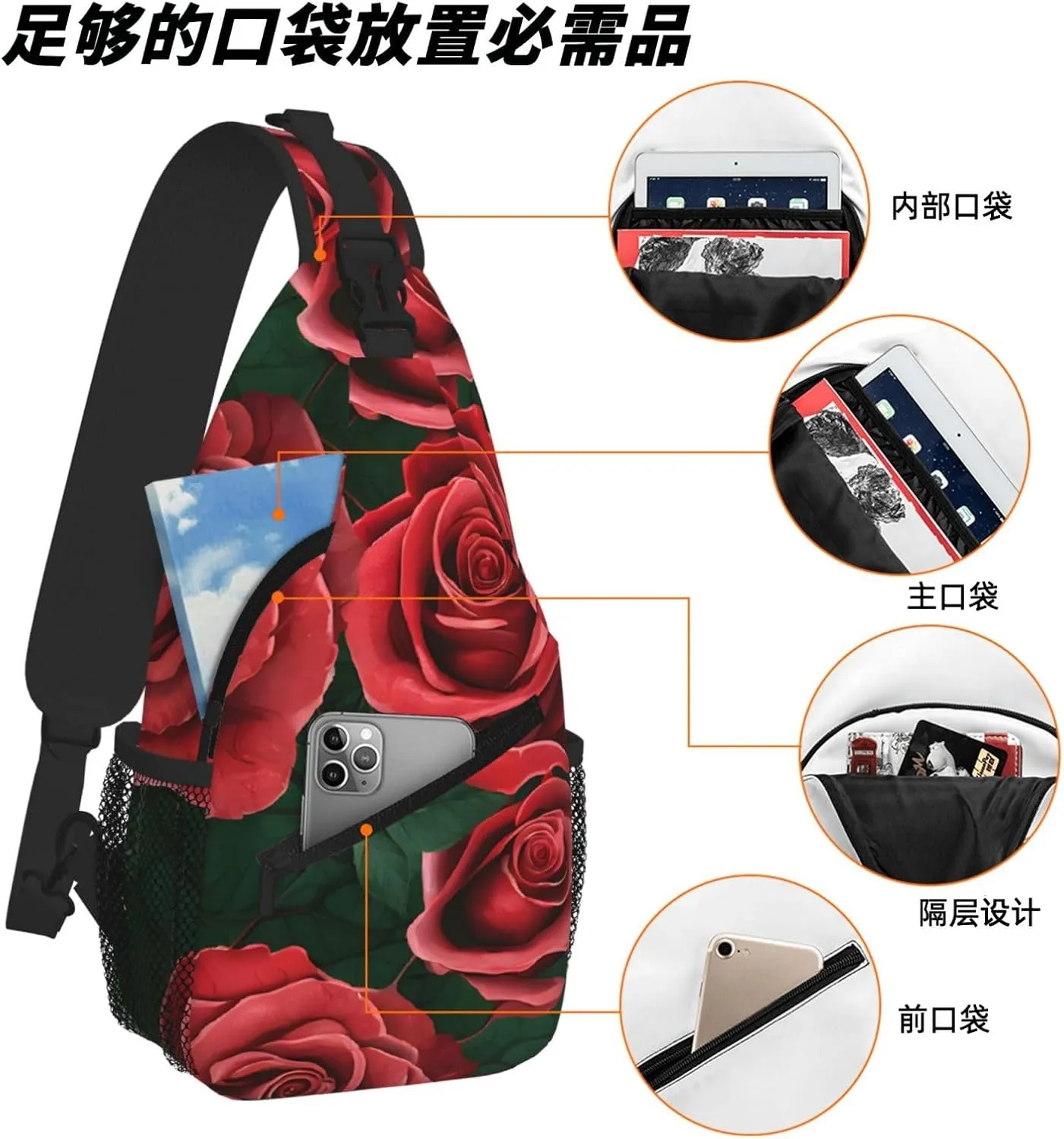 Red Rose Print Cross Chest Bag Diagonally For Short-Distance Travel And Daily Use