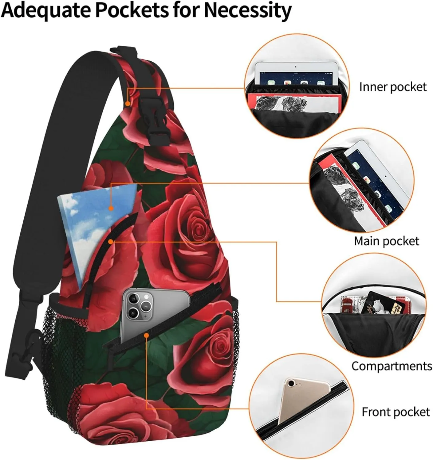 Red Rose Print Cross Chest Bag Diagonally For Short-Distance Travel And Daily Use
