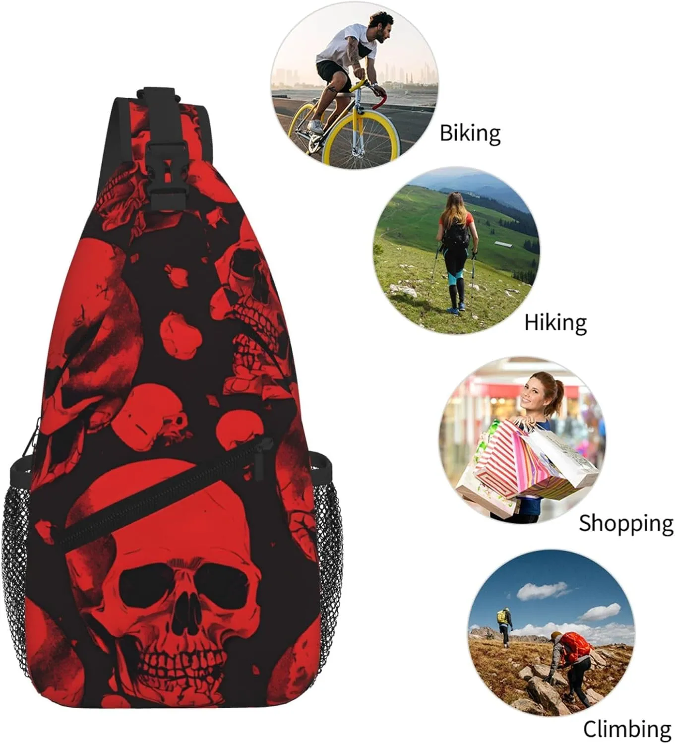 Red Skulls Print Cross Chest Bag Diagonally For Short-Distance Travel And Daily Use