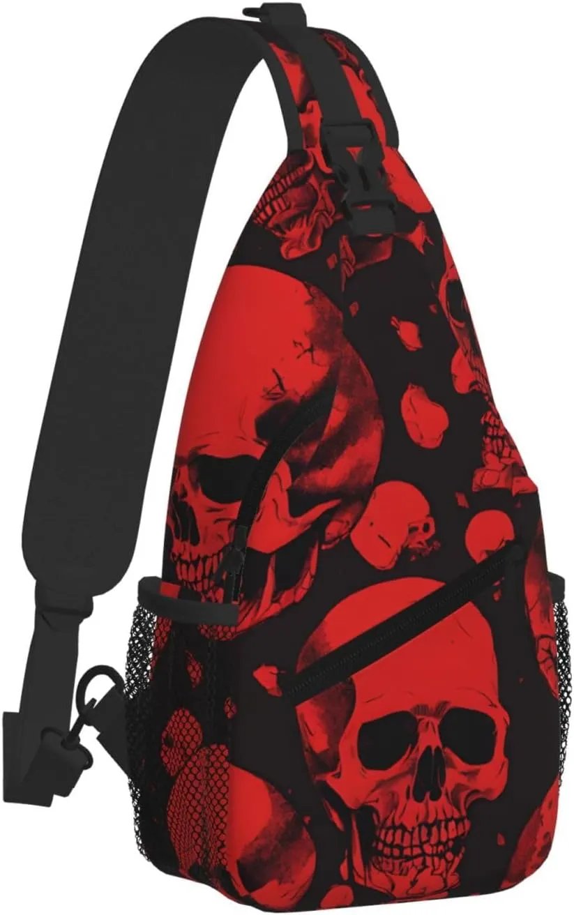 Red Skulls Print Cross Chest Bag Diagonally For Short-Distance Travel And Daily Use