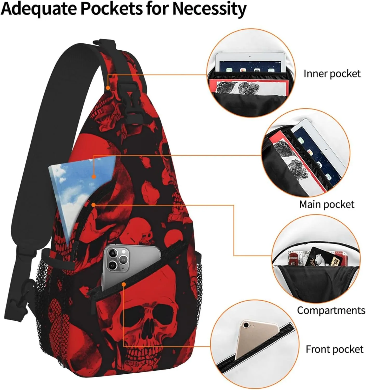 Red Skulls Print Cross Chest Bag Diagonally For Short-Distance Travel And Daily Use