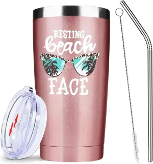 Resting Beach Face Funny Cool 20oz Insulated Tumbler | Stainless Steel Vacuum Tumbler Travel Coffee Mugs | Birthday Gifts (Rose Gold)