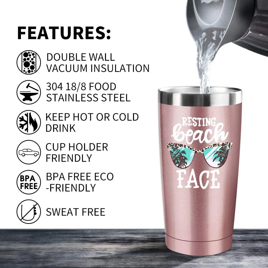 Resting Beach Face Funny Cool 20oz Insulated Tumbler | Stainless Steel Vacuum Tumbler Travel Coffee Mugs | Birthday Gifts (Rose Gold)