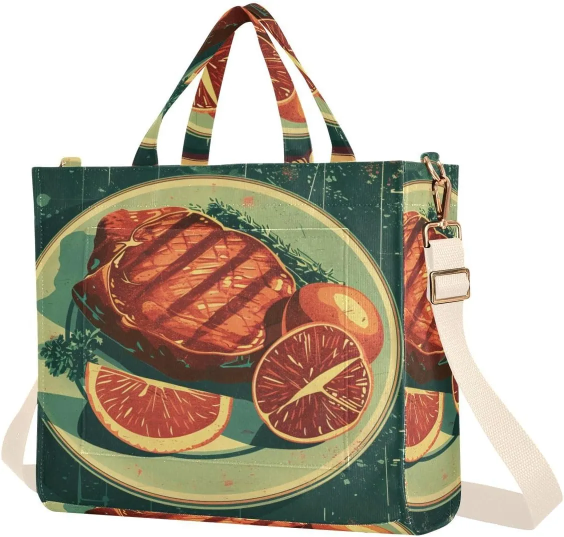 Retro Breakfast Tote Bag for Women Corduroy Handbag Purse Shoulder Bag with Detachable Strap Small Size
