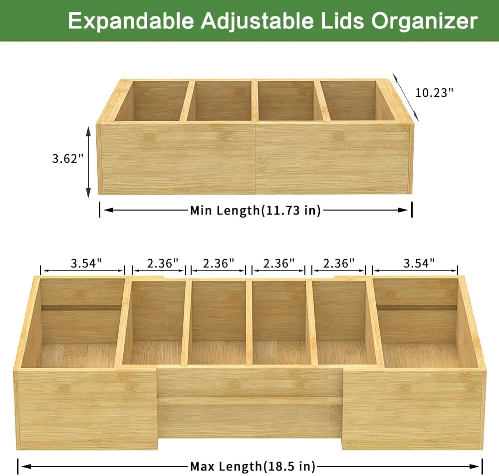 Retro Shaw Expandable Bamboo Food Container Lid Organizer for Cabinet, Adjustable Dividers Lid Organizer for Plastic Lids and Covers Storage,Kitchen Organizers and Storage