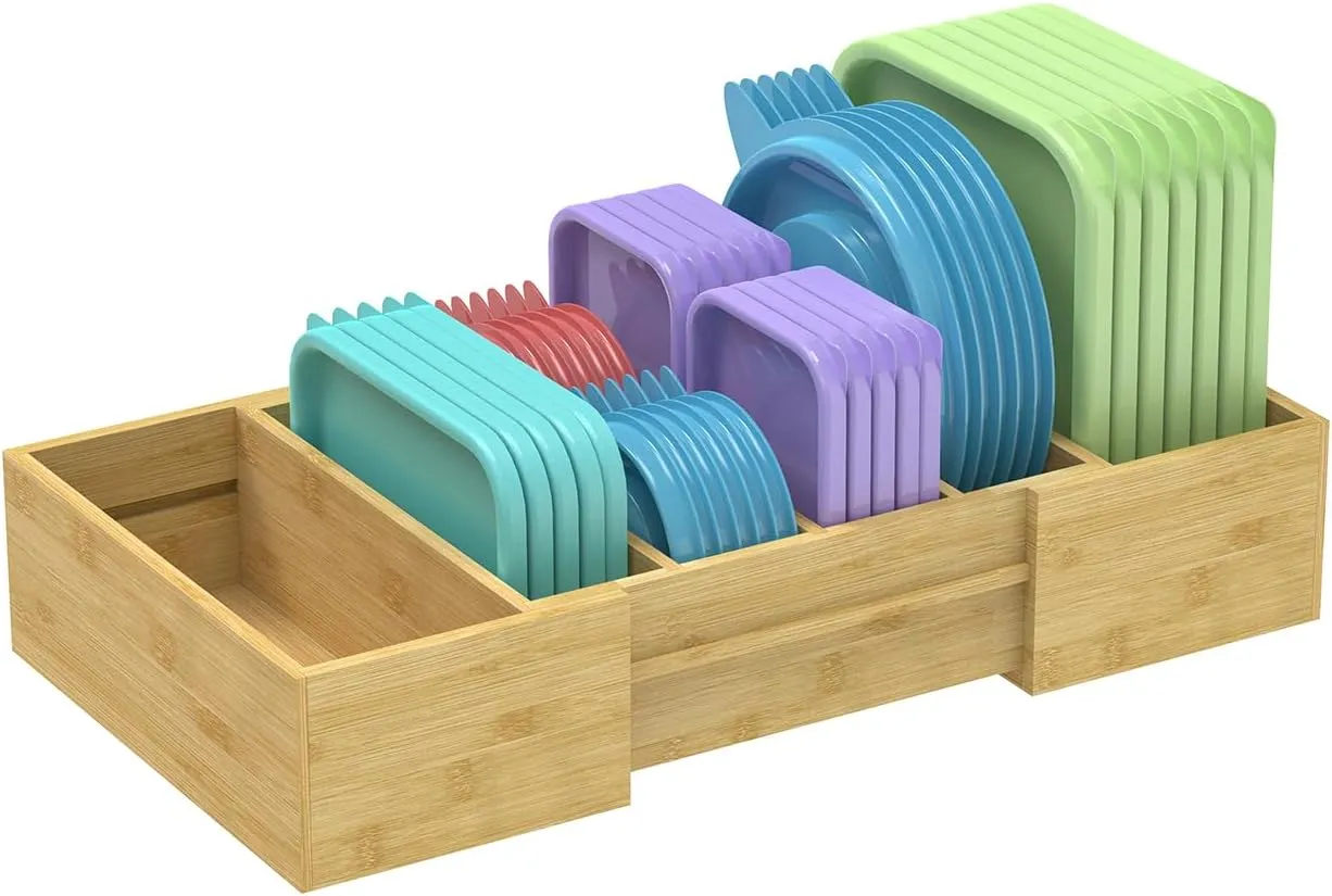Retro Shaw Expandable Bamboo Food Container Lid Organizer for Cabinet, Adjustable Dividers Lid Organizer for Plastic Lids and Covers Storage,Kitchen Organizers and Storage