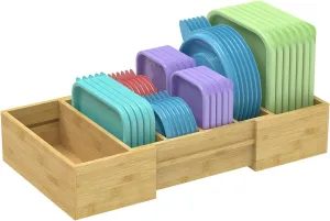 Retro Shaw Expandable Bamboo Food Container Lid Organizer for Cabinet, Adjustable Dividers Lid Organizer for Plastic Lids and Covers Storage,Kitchen Organizers and Storage