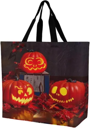 Reusable Grocery Shopping Cloth Bags Glowing Halloween Pumpkin Print Shoulder Tote Bag Fashionable Tote Handbag for Work Beach Travel Shopping