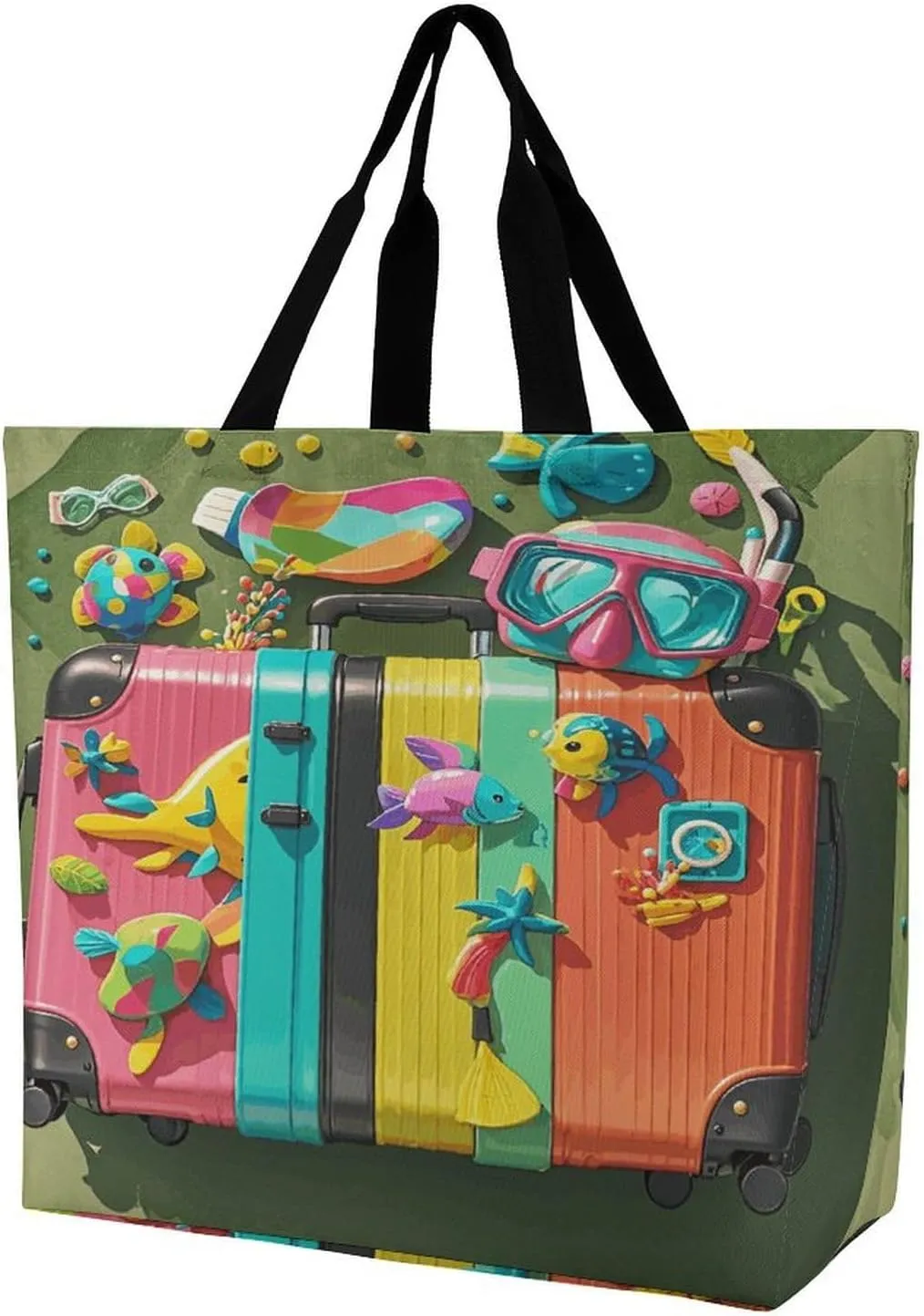 Reusable Grocery Shopping Cloth Bags Stickers on Suitcases Print Shoulder Tote Bag Fashionable Tote Handbag for Work Beach Travel Shopping