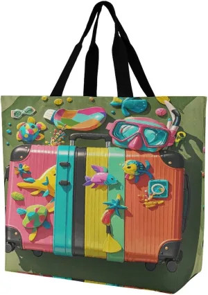 Reusable Grocery Shopping Cloth Bags Stickers on Suitcases Print Shoulder Tote Bag Fashionable Tote Handbag for Work Beach Travel Shopping