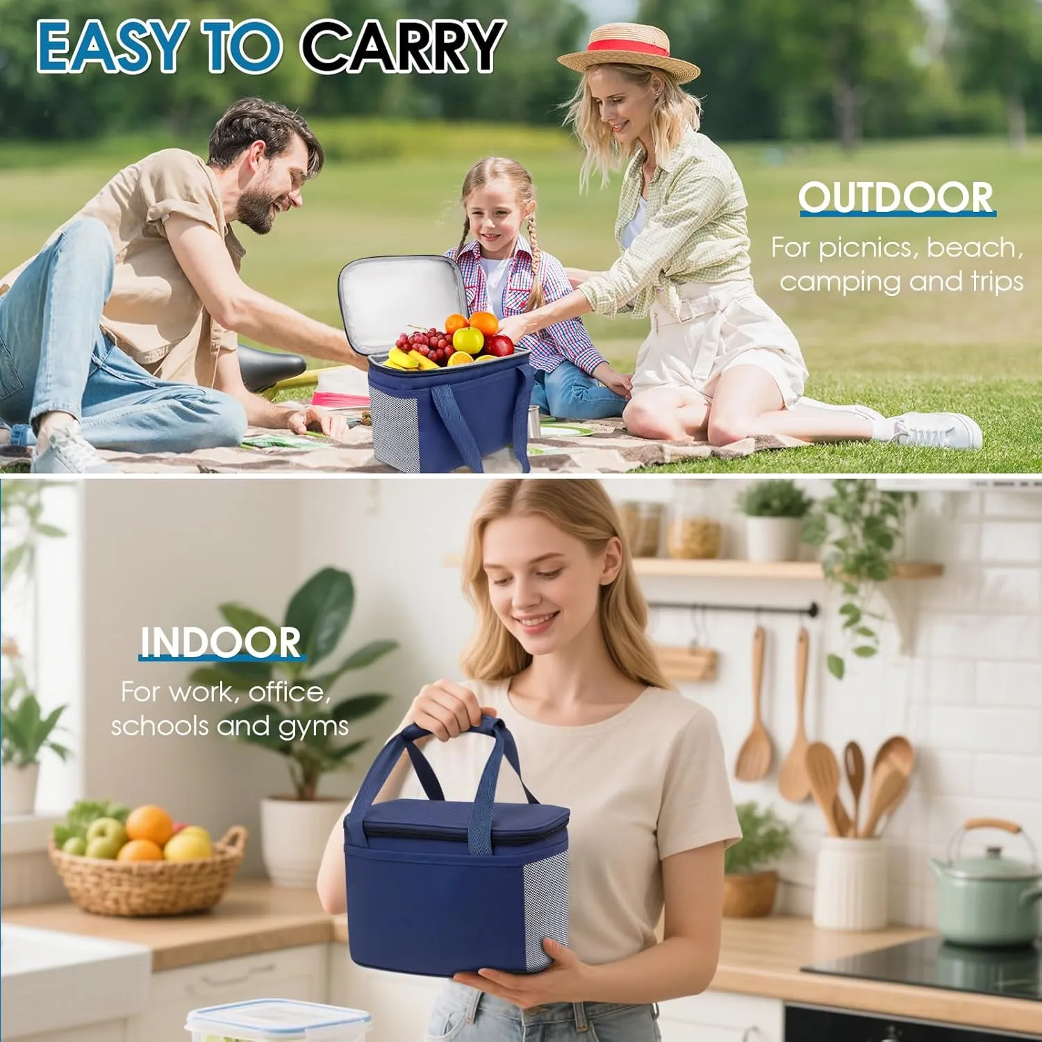 Reusable Lunch Box Lunch Bag for Women Men Insulated Lunch Bag Women Lunch Cooler Tote Bags for Office Work Picnic Outdoor Travel, Navy blue