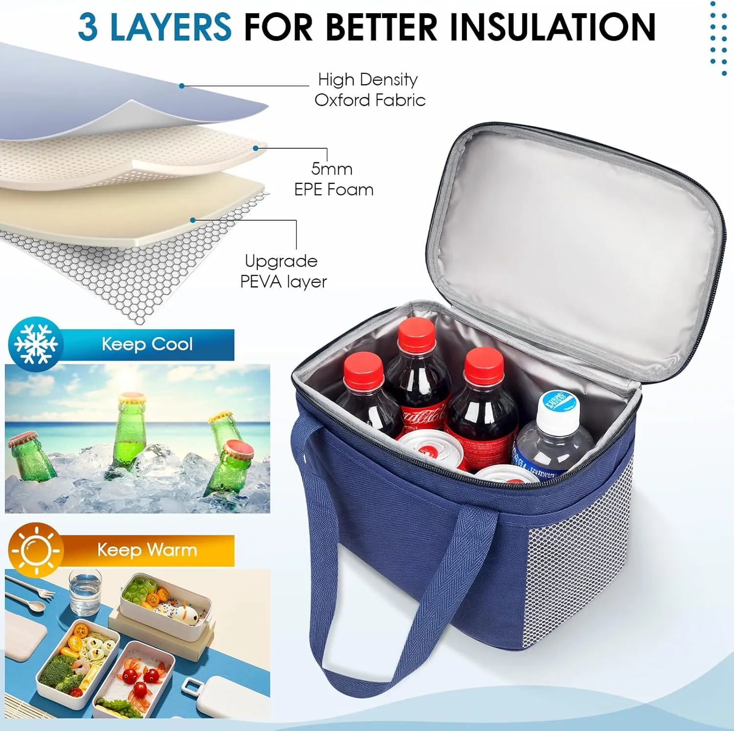 Reusable Lunch Box Lunch Bag for Women Men Insulated Lunch Bag Women Lunch Cooler Tote Bags for Office Work Picnic Outdoor Travel, Navy blue