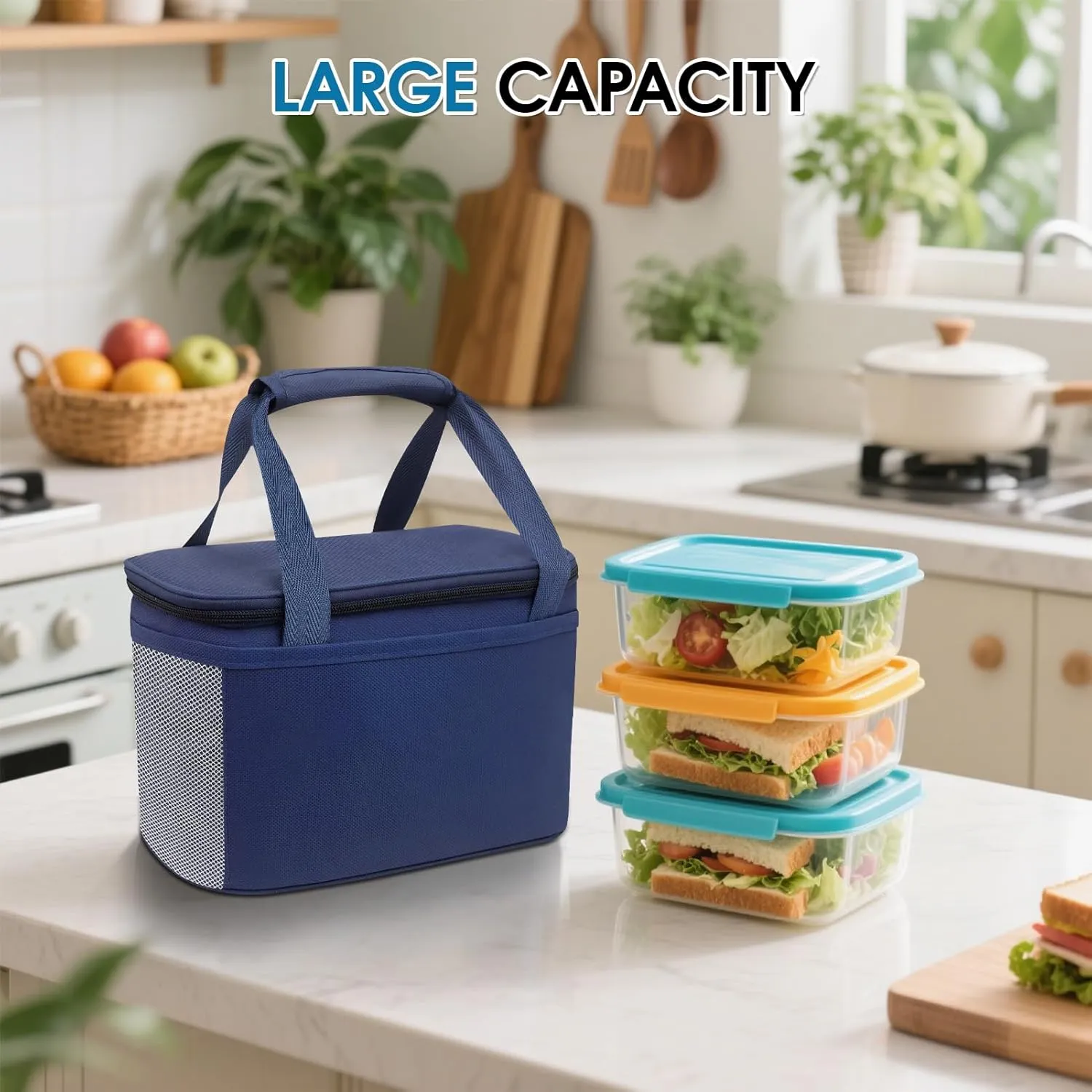 Reusable Lunch Box Lunch Bag for Women Men Insulated Lunch Bag Women Lunch Cooler Tote Bags for Office Work Picnic Outdoor Travel, Navy blue