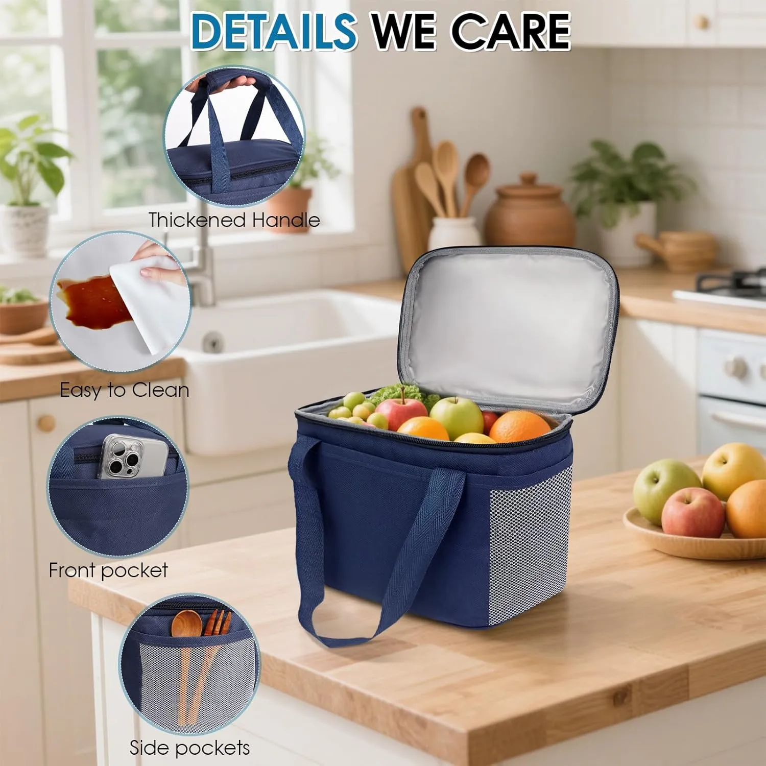 Reusable Lunch Box Lunch Bag for Women Men Insulated Lunch Bag Women Lunch Cooler Tote Bags for Office Work Picnic Outdoor Travel, Navy blue