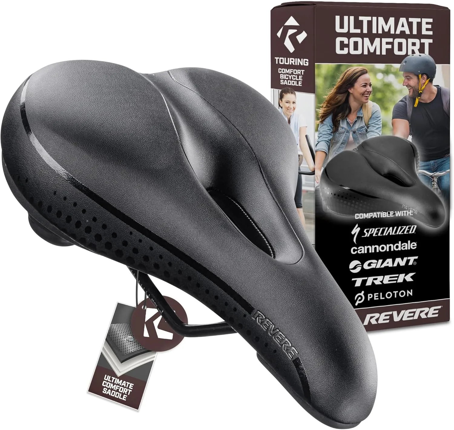 Revere Comfort Bike Seat Dual Shock Absorber Anti Vibration GEL Suspension Bicycle Seat for Men and Women, Waterproof Bike Saddle Integrated Handle. Road MTB E-Bikes Peloton Exercise and Cruiser Bikes