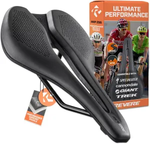 Revere High Performance Bicycle Saddle – Multi-Stage Comfort Foam, Ergonomic Center Channel, Aerodynamic Design – Ideal for Road, Gravel, Mountain, and Touring Bikes (255mm x 143mm)