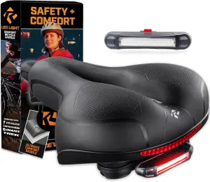 Revere Memory Foam Wide Bike Seat with Rear Safety LED Light – Comfortable Bicycle Saddle for Men & Women, Waterproof, Shock Absorbing, Ergonomic Cushion for Road, Mountain, Cruiser & Exercise Bikes