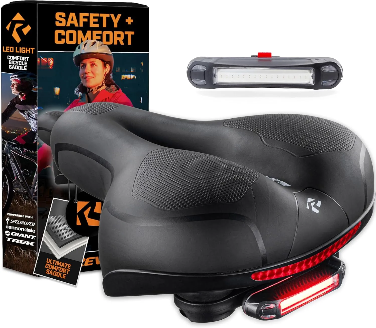 Revere Memory Foam Wide Bike Seat with Rear Safety LED Light – Comfortable Bicycle Saddle for Men & Women, Waterproof, Shock Absorbing, Ergonomic Cushion for Road, Mountain, Cruiser & Exercise Bikes