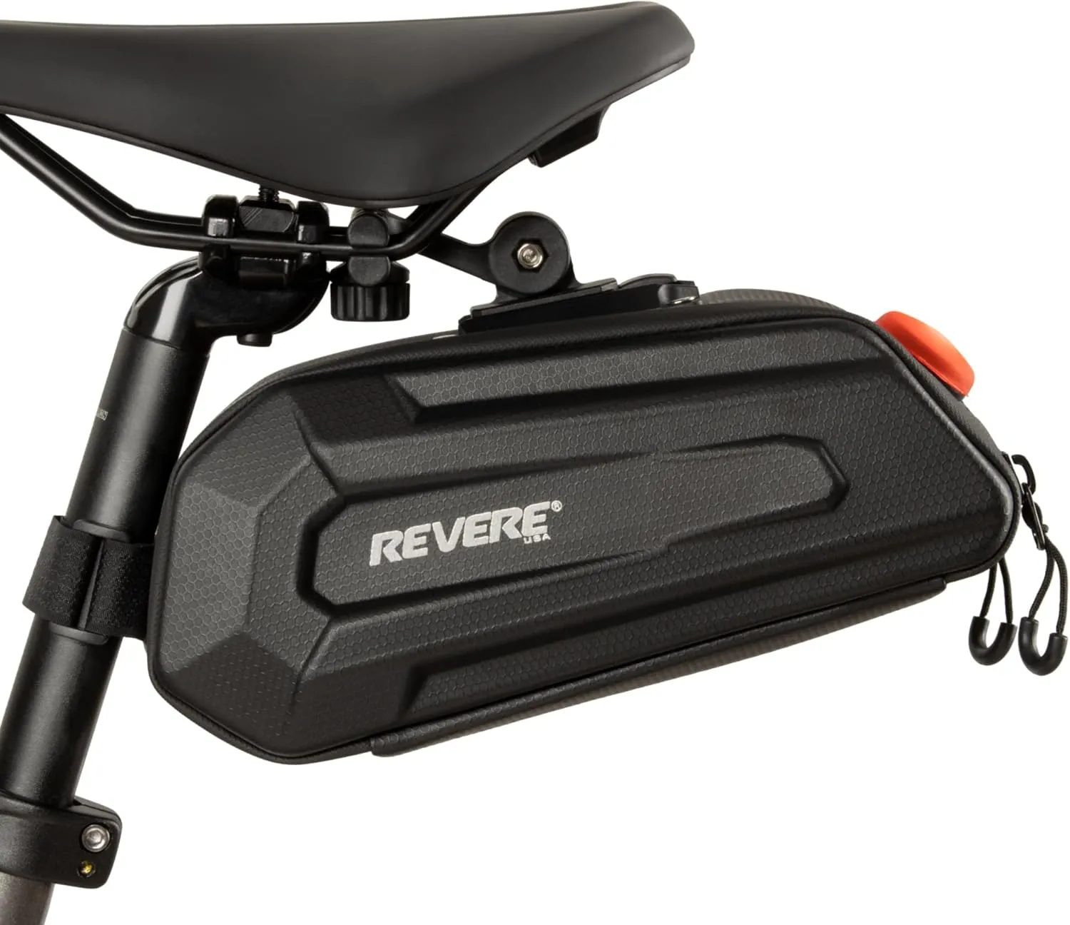 REVERE RSB3 Bike Saddle Bag - The Ultimate 3D Hard Shell Seat Bag with Reflective Strip for Mountain and Road Bikes, Featuring Quick Release Mounting and 2L Capacity, 2 Tire Levers and Taillight