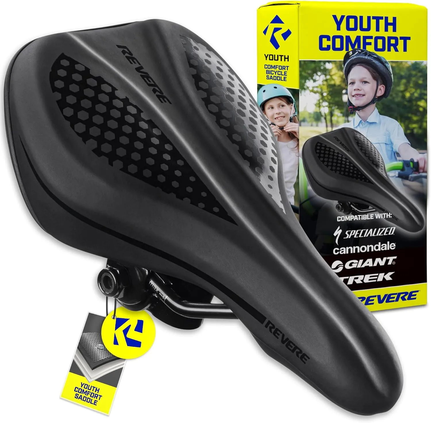 Revere Youth Memory Foam Saddle - Stylish, Ultra-Comfort Bike Seat for Kids, Youth Bikes, Premium Quality Seat for Boys and Girls Bikes, Perfect for Kids Bikes 16" to 24"