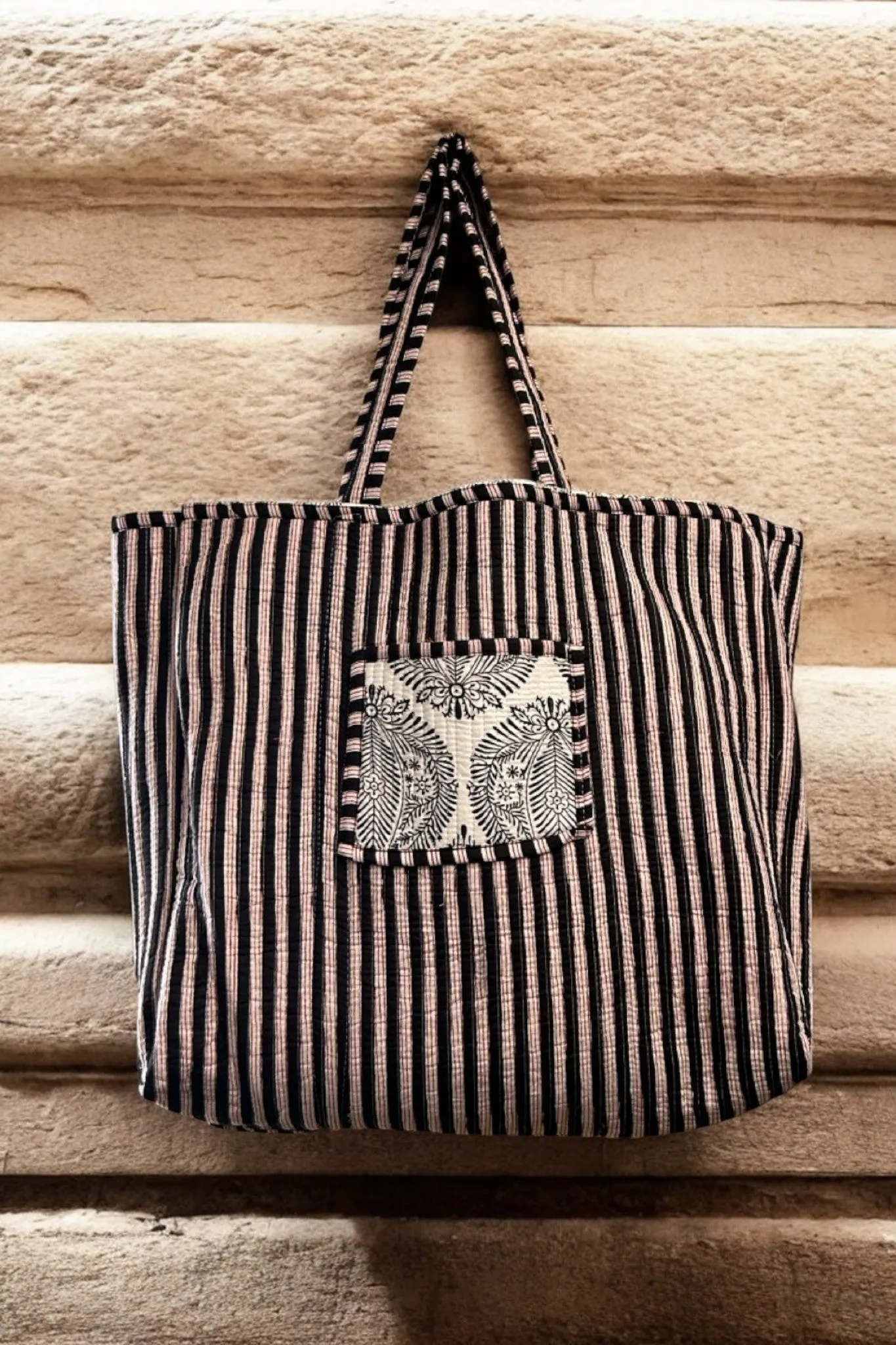 Reversible Cotton Quilted Tote - Monochrome Mughal Motif