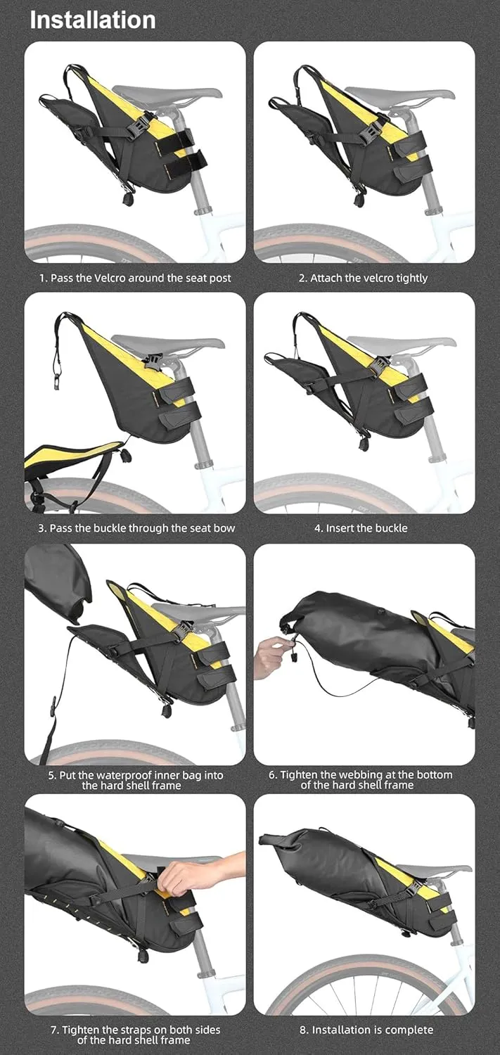 Rhinowalk Bike Saddle Bag Bicycle Saddle Pannier 14L Waterproof Storage Pouch Rear Rack Luggage Carrier Quick-Fit with Hardshell Frame & Interior (Black)