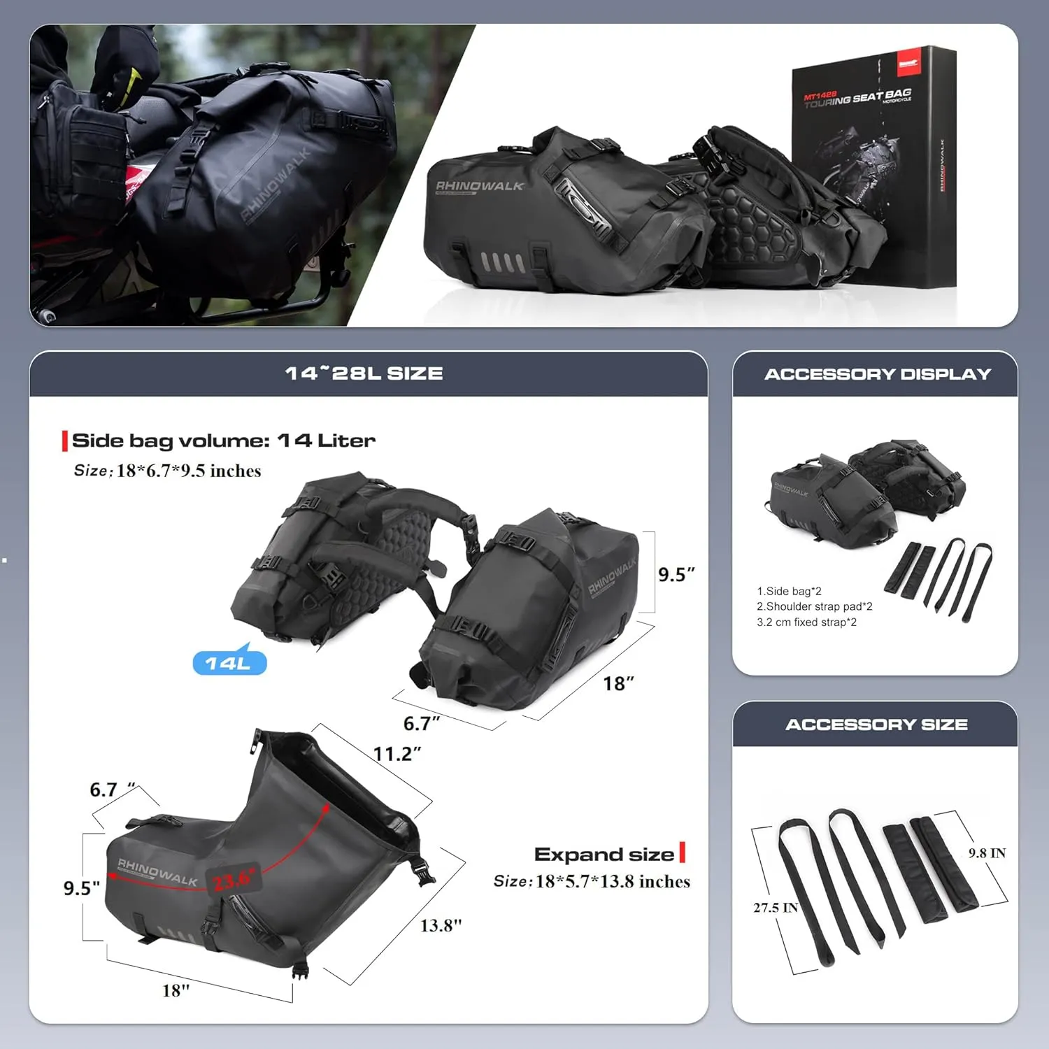 Rhinowalk Motorcycle Saddle Bags Waterproof Anti-Vibration Motor Side Bags Shoulder Bag Motorbike Panniers 28L(14L*2) for most Adventure and Sport Motorcycle Racks, 1 Pair