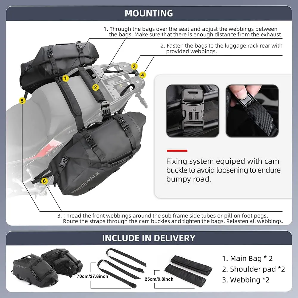 Rhinowalk Motorcycle Saddle Bags Waterproof Anti-Vibration Motor Side Bags Shoulder Bag Motorbike Panniers 48L(24L*2) for most Adventure and Sport Motorcycle Racks, 1 Pair