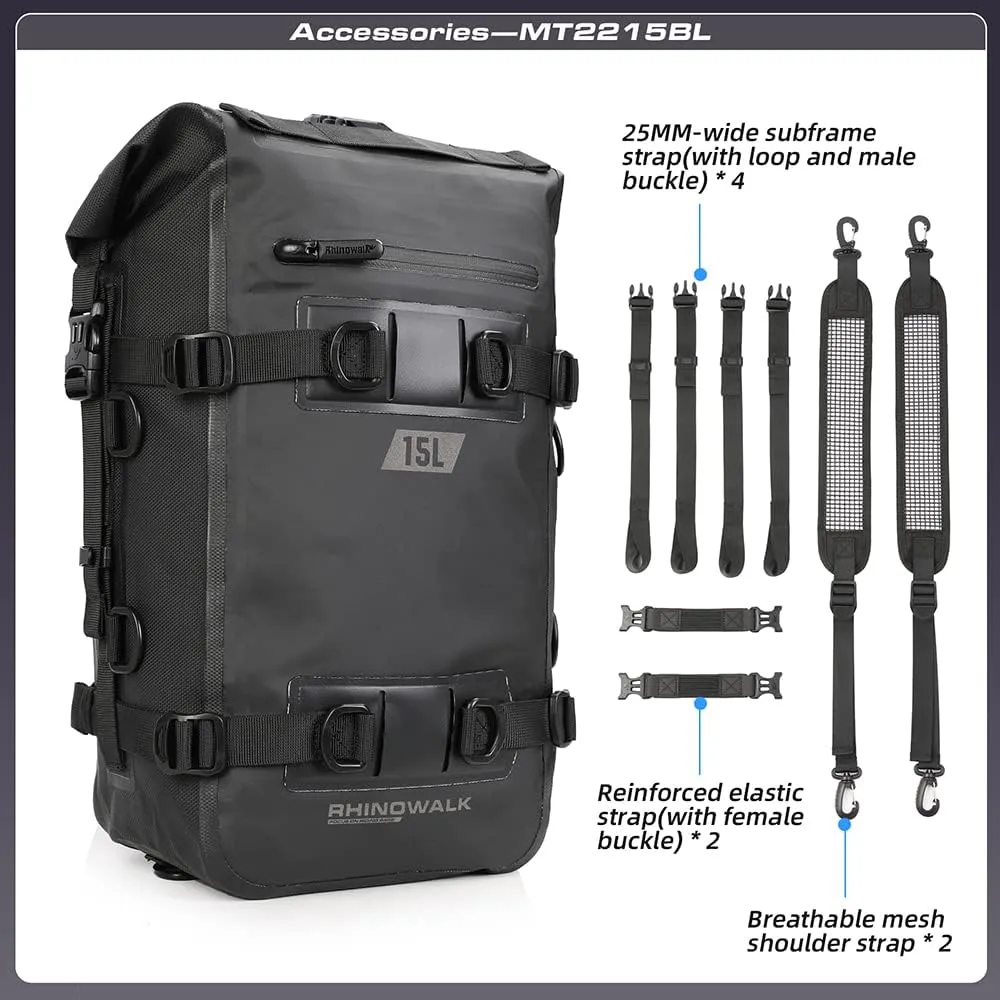 Rhinowalk Motorcycle Tail Bag Motorbike Side Bag 15L Full Waterproof Motor Saddle Pannier Bag Rear Rack Trunk Professional Motor Accessories-Black