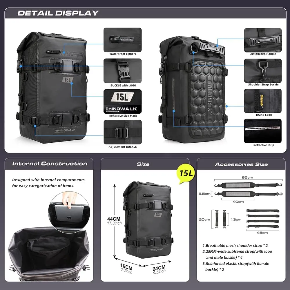 Rhinowalk Motorcycle Tail Bag Motorbike Side Bag 15L Full Waterproof Motor Saddle Pannier Bag Rear Rack Trunk Professional Motor Accessories-Black